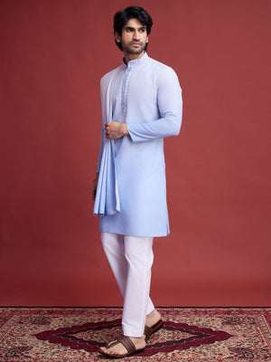 Rajwada Light Blue Rayon Mirror Work Stitched Kurta With Dupatta For Men