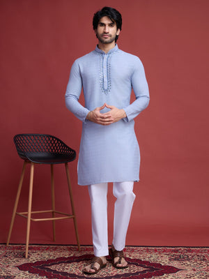 Rajwada Blue Viscose Rayon Mirror Work Stitched Kurta For Men