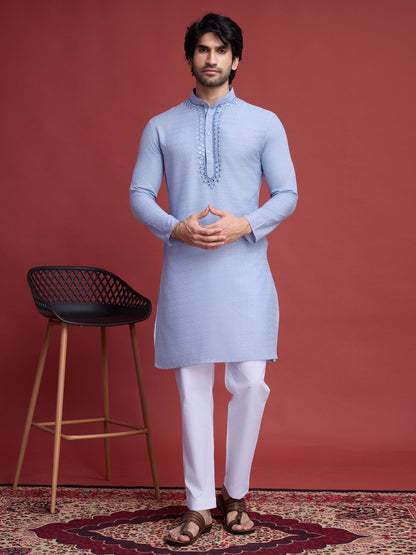 Rajwada Blue Viscose Rayon Mirror Work Stitched Kurta For Men