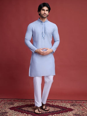 Rajwada Blue Viscose Rayon Mirror Work Stitched Kurta For Men