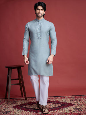 Rajwada Grey Viscose Rayon Mirror Work Stitched Kurta For Men