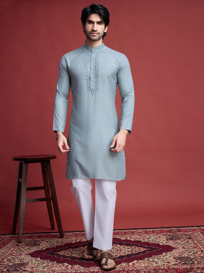 Rajwada Grey Viscose Rayon Mirror Work Stitched Kurta For Men