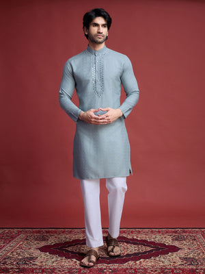 Rajwada Grey Viscose Rayon Mirror Work Stitched Kurta For Men