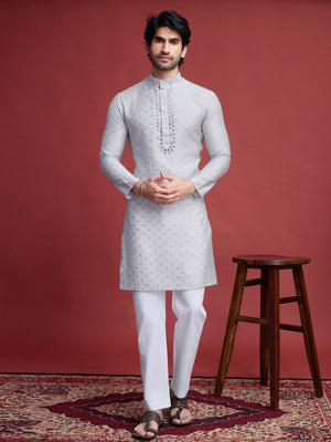 Rajwada Beige Viscose Rayon Mirror Work Stitched Kurta For Men