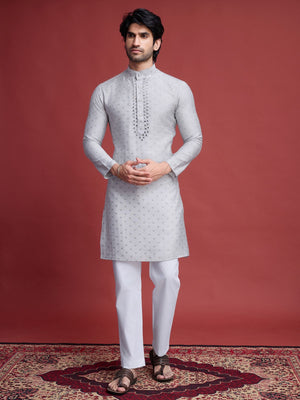 Rajwada Beige Viscose Rayon Mirror Work Stitched Kurta For Men