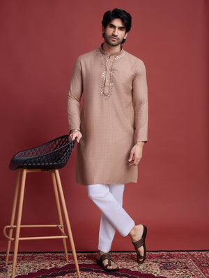 Rajwada Brown Viscose Rayon Mirror Work Stitched Kurta For Men