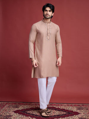 Rajwada Brown Viscose Rayon Mirror Work Stitched Kurta For Men
