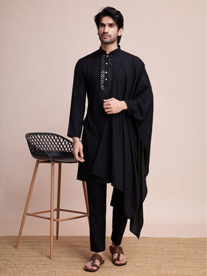 Rajwada Black Viscose Rayon Mirror Work Stitched Kurta Set For Men