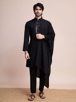 Rajwada Black Viscose Rayon Mirror Work Stitched Kurta Set For Men