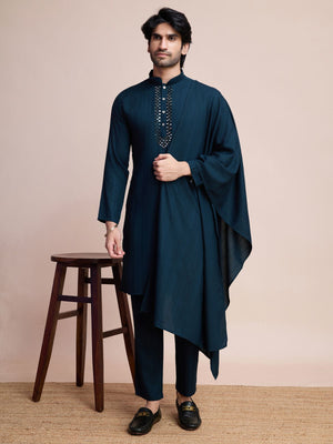 Rajwada Dark Blue Viscose Rayon Mirror Work Stitched Kurta Set For Men