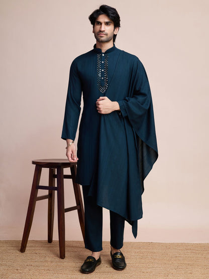Rajwada Dark Blue Viscose Rayon Mirror Work Stitched Kurta Set For Men