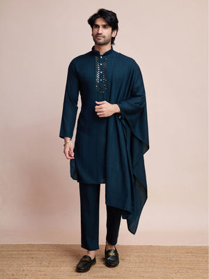 Rajwada Dark Blue Viscose Rayon Mirror Work Stitched Kurta Set For Men
