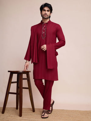 Rajwada Maroon Viscose Rayon Mirror Work Stitched Kurta Set For Men