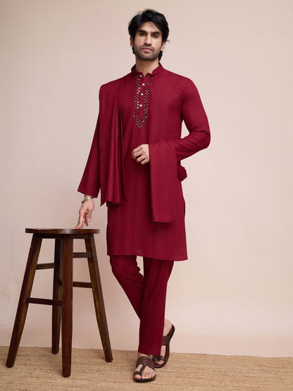 Rajwada Maroon Viscose Rayon Mirror Work Stitched Kurta Set For Men