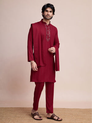 Rajwada Maroon Viscose Rayon Mirror Work Stitched Kurta Set For Men