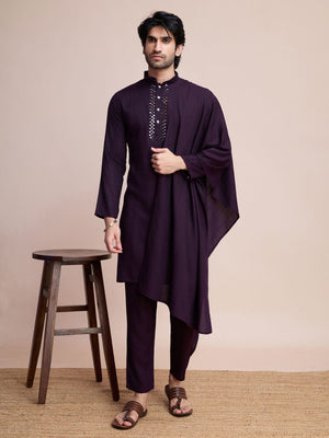 Rajwada Purple Viscose Rayon Mirror Work Stitched Kurta Set For Men
