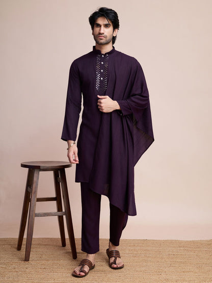 Rajwada Purple Viscose Rayon Mirror Work Stitched Kurta Set For Men