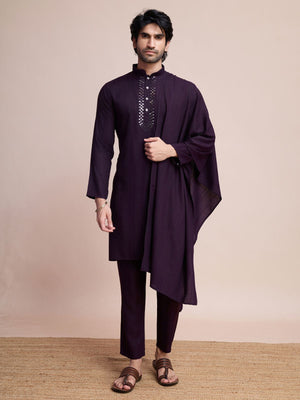 Rajwada Purple Viscose Rayon Mirror Work Stitched Kurta Set For Men