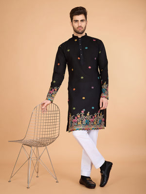 Rajwada Black Viscose Silk Stitched Kurta For Men