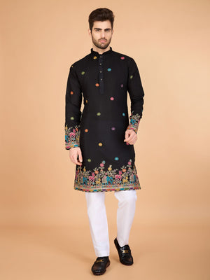 Rajwada Black Viscose Silk Stitched Kurta For Men