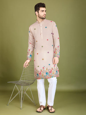Rajwada Ivory Viscose Silk Stitched Kurta For Men
