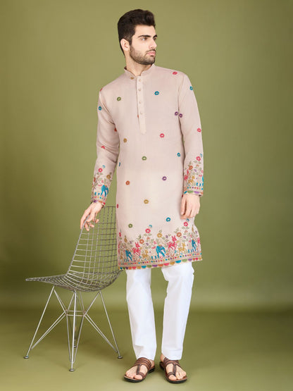 Rajwada Ivory Viscose Silk Stitched Kurta For Men
