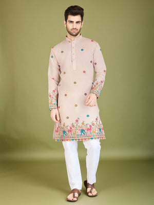 Rajwada Ivory Viscose Silk Stitched Kurta For Men