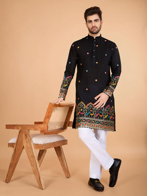 Rajwada Black Viscose Silk Stitched Kurta For Men