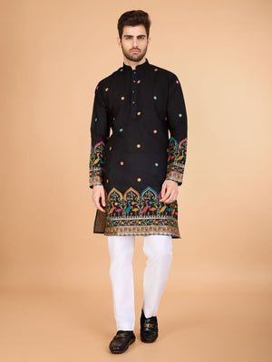 Rajwada Black Viscose Silk Stitched Kurta For Men