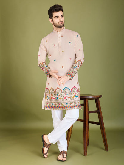 Rajwada Ivory Viscose Silk Stitched Kurta For Men