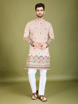 Rajwada Ivory Viscose Silk Stitched Kurta For Men
