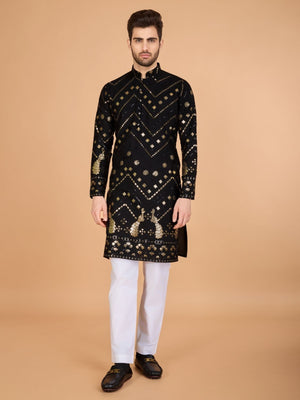 Rajwada Black Viscose Rayon Embroidered Stitched Kurta For Men