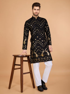 Rajwada Black Viscose Rayon Embroidered Stitched Kurta For Men