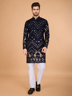 Rajwada Navy Blue Viscose Rayon Embroidered Stitched Kurta For Men