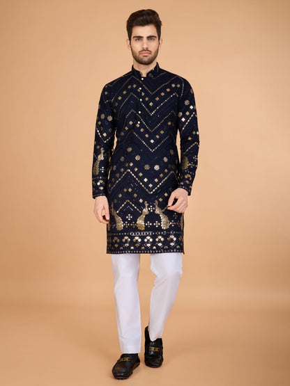 Rajwada Navy Blue Viscose Rayon Embroidered Stitched Kurta For Men