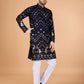 Rajwada Navy Blue Viscose Rayon Embroidered Stitched Kurta For Men