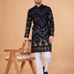Rajwada Navy Blue Viscose Rayon Embroidered Stitched Kurta For Men
