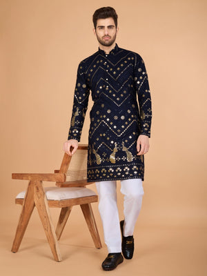 Rajwada Navy Blue Viscose Rayon Embroidered Stitched Kurta For Men