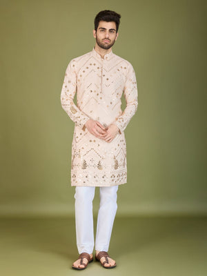 Rajwada Ivory Viscose Rayon Embroidered Stitched Kurta For Men