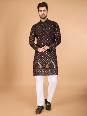 Rajwada Brown Viscose Rayon Embroidered Stitched Kurta For Men