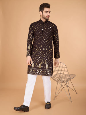 Rajwada Brown Viscose Rayon Embroidered Stitched Kurta For Men
