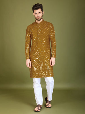 Rajwada Mustard Viscose Rayon Embroidered Stitched Kurta For Men