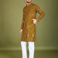 Rajwada Mustard Viscose Rayon Embroidered Stitched Kurta For Men