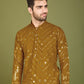 Rajwada Mustard Viscose Rayon Embroidered Stitched Kurta For Men