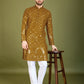 Rajwada Mustard Viscose Rayon Embroidered Stitched Kurta For Men