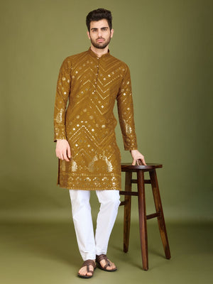 Rajwada Mustard Viscose Rayon Embroidered Stitched Kurta For Men