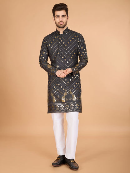 Rajwada Grey Viscose Rayon Embroidered Stitched Kurta For Men