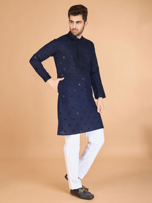Rajwada Navy Blue Viscose Silk Sequence Stitched Kurta For Men