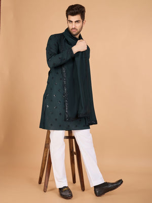 Rajwada Green Viscose Silk Sequence Stitched Kurta For Men