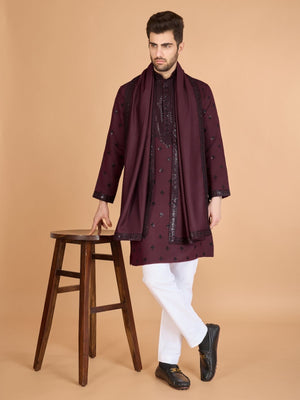 Rajwada Maroon Viscose Silk Sequence Stitched Kurta For Men